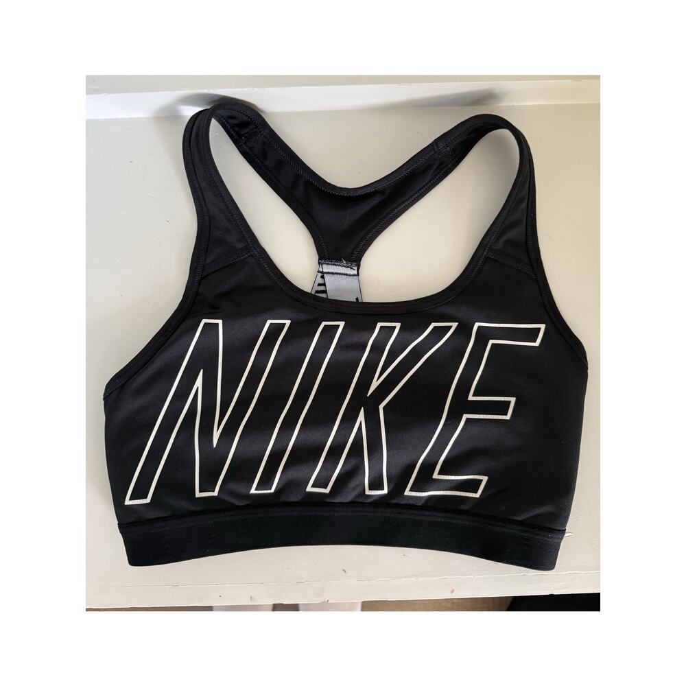 Nike Women’s Black Racerback Sports Bra Dri-Fit Large Logo Medium